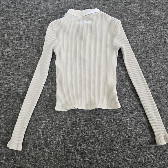 Zara Cropped Ribbed Long Sleeve Polo Shirt Size Women's Small White Stretch - Picture 2 of 9